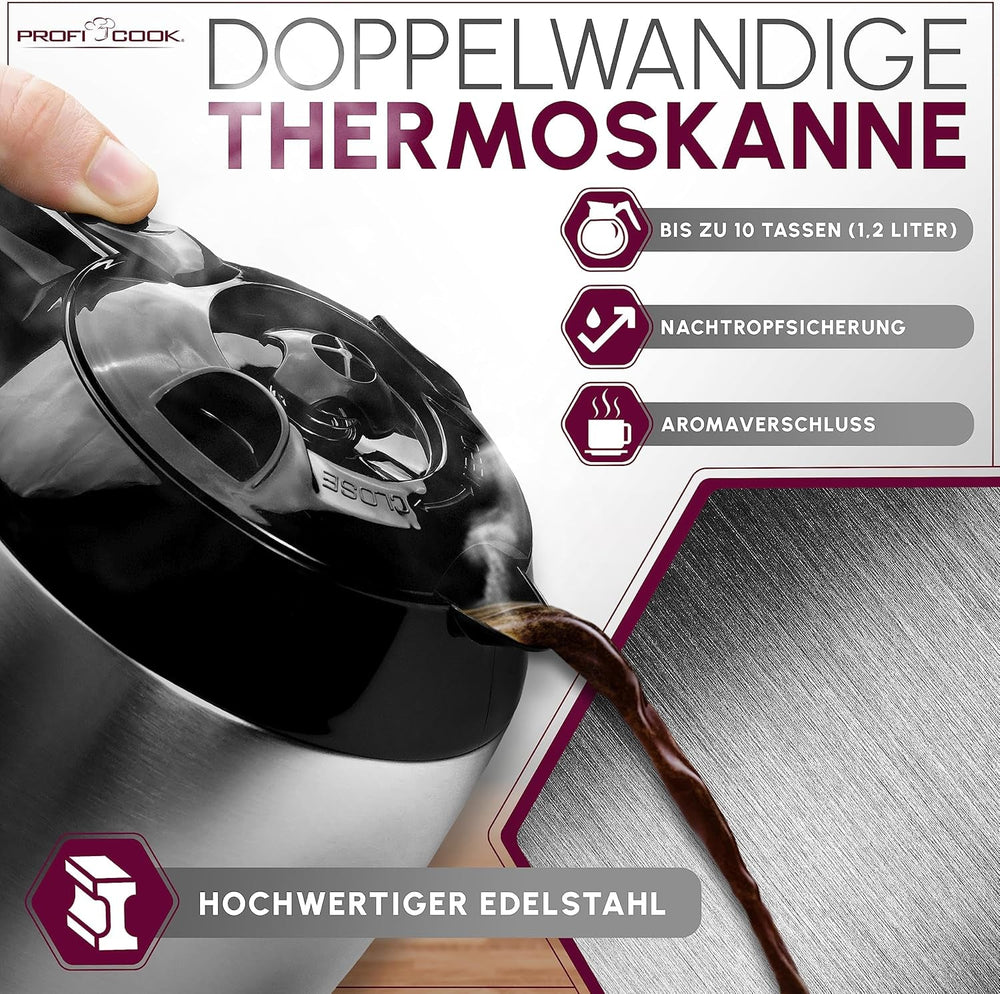 Cafetieră Profi Cook | 8-10 cești | Temporizator | Comenzi tactile cu senzor | Carafă termos cu pereți dubli de 1,2 litri | Sigiliu pentru aromă | Cafetieră cu filtru din oțel inoxidabil | PC-KA 1191