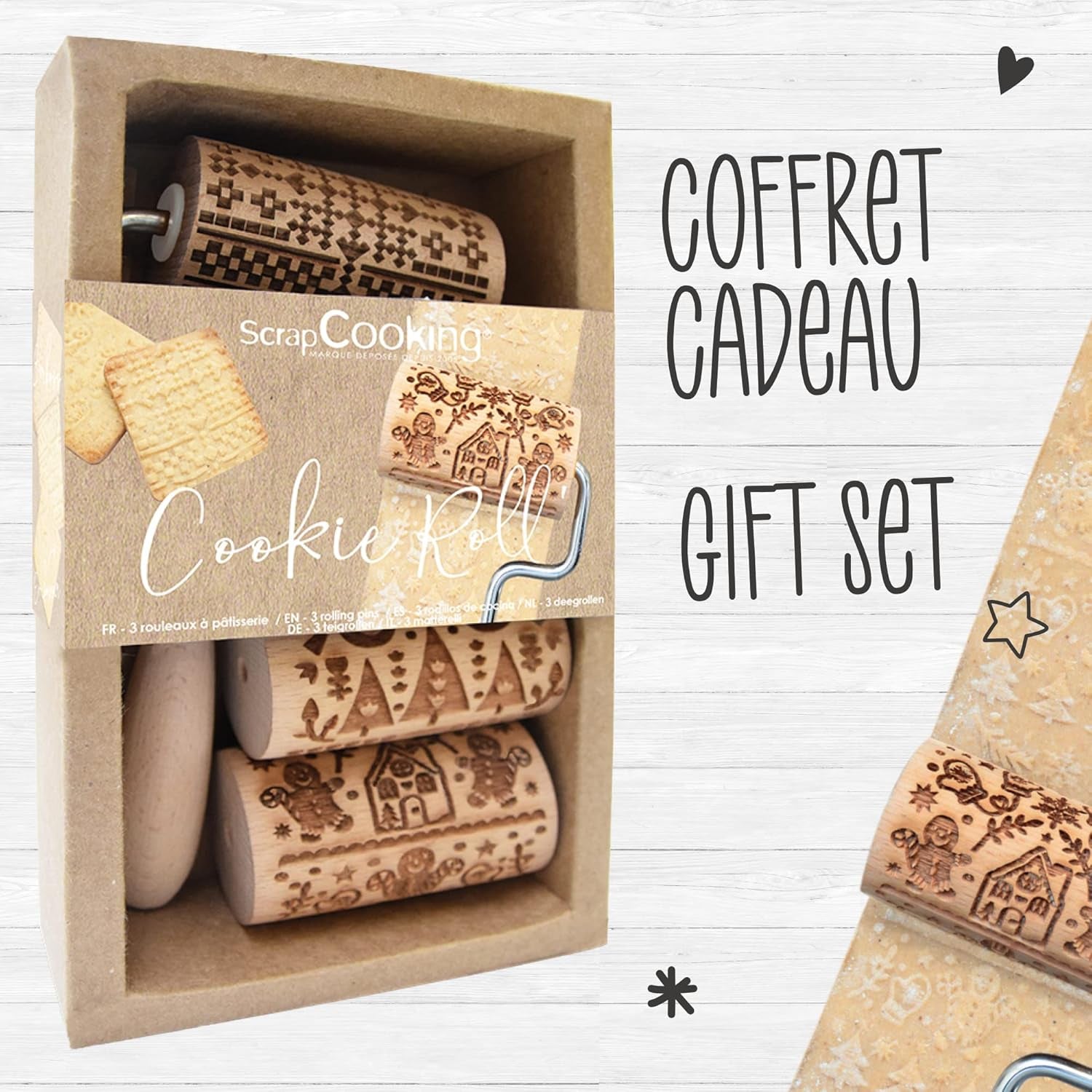 ScrapCooking 3798 Christmas Cookie Roll Set – 3 Mini-Gebäckrollen aus Holz mit Motiven – Dekos mit Prägung – Form für Kekse, Sandgestrahlt, Kekse