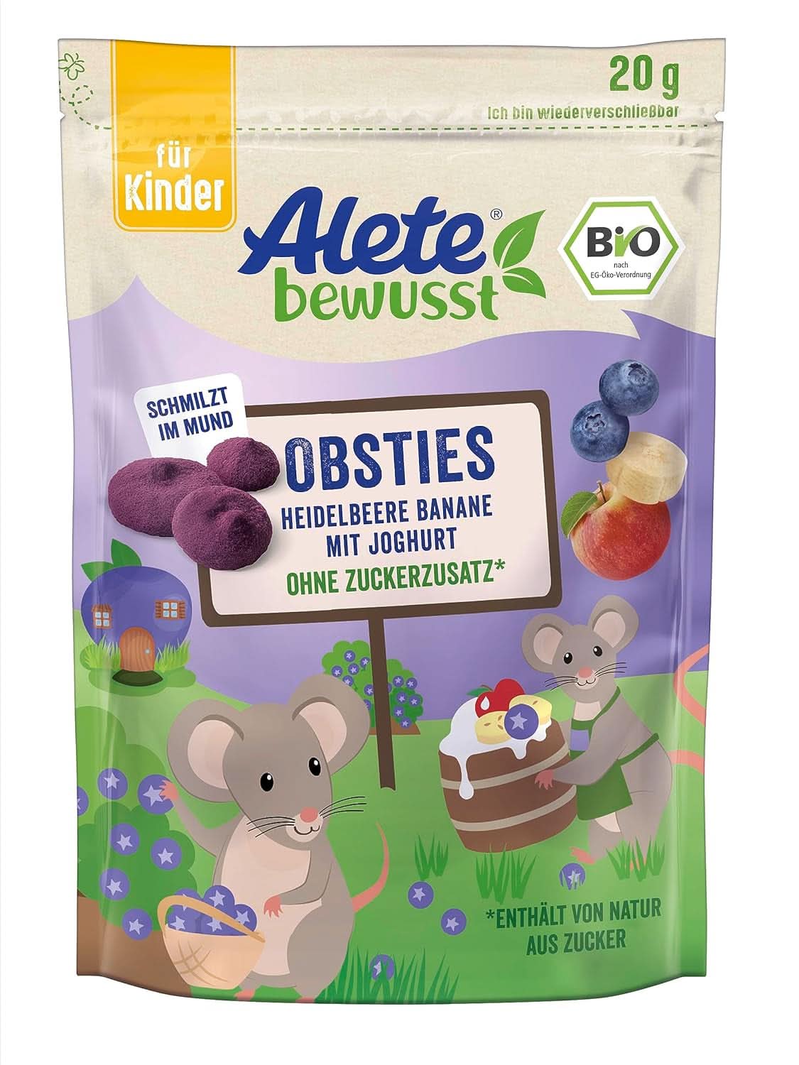 Altri Bewusst Obsties, Mirtillo e Banana con Yogurt, Dai 3 anni, chips di frutta biologica liofilizzata, 20 grammi Mamma e Bambino Naty Shop