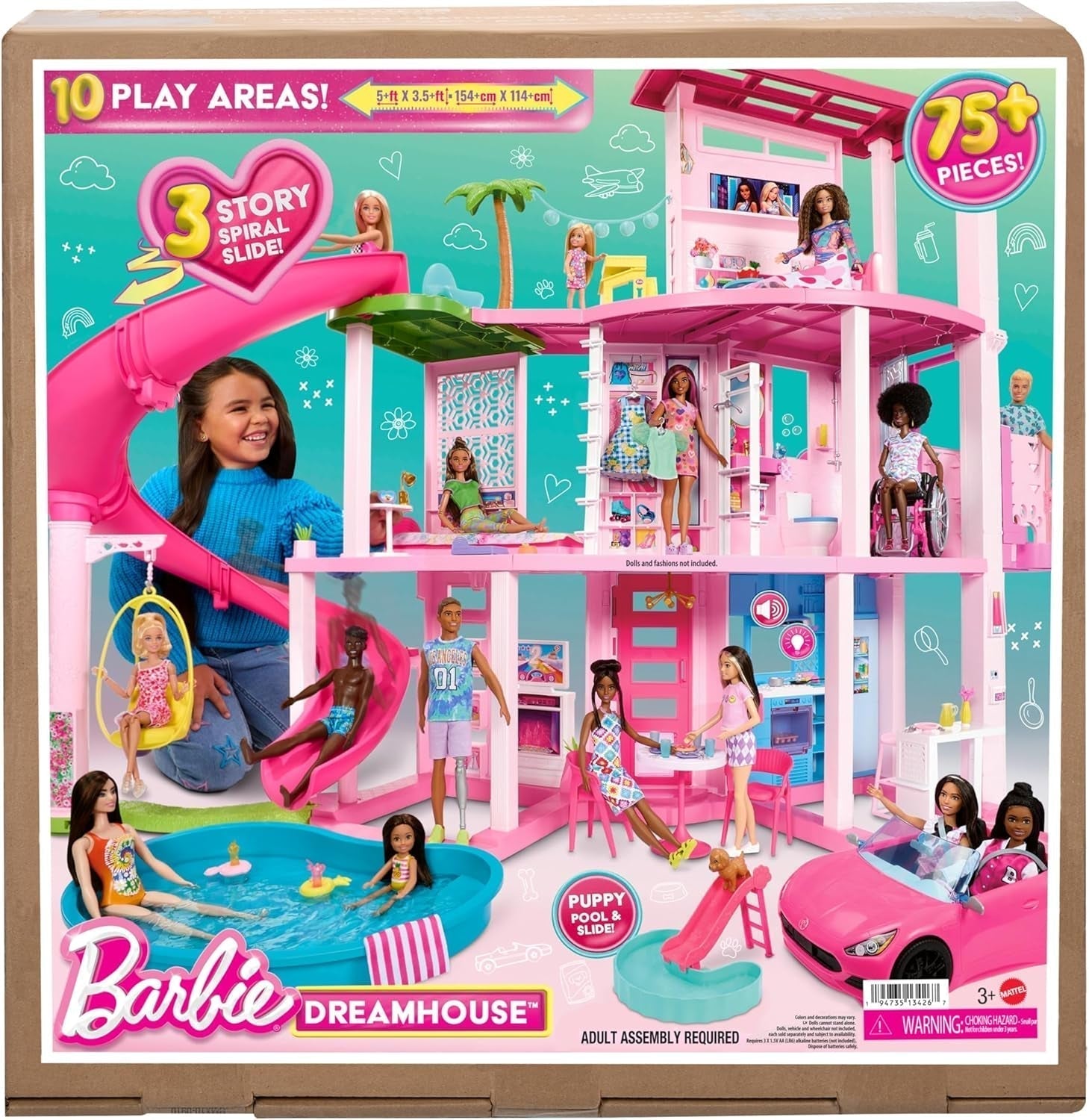 Barbie Dream Villa, casă Barbie cu 3 etaje cu 10 zone de joacă, inclusiv piscină, tobogan, lift, 75 de accesorii pentru păpuși, cățeluș de jucărie, jucărie pentru copii cu vârsta de peste 3 ani, HMX10 Casute de papusi Naty Shop