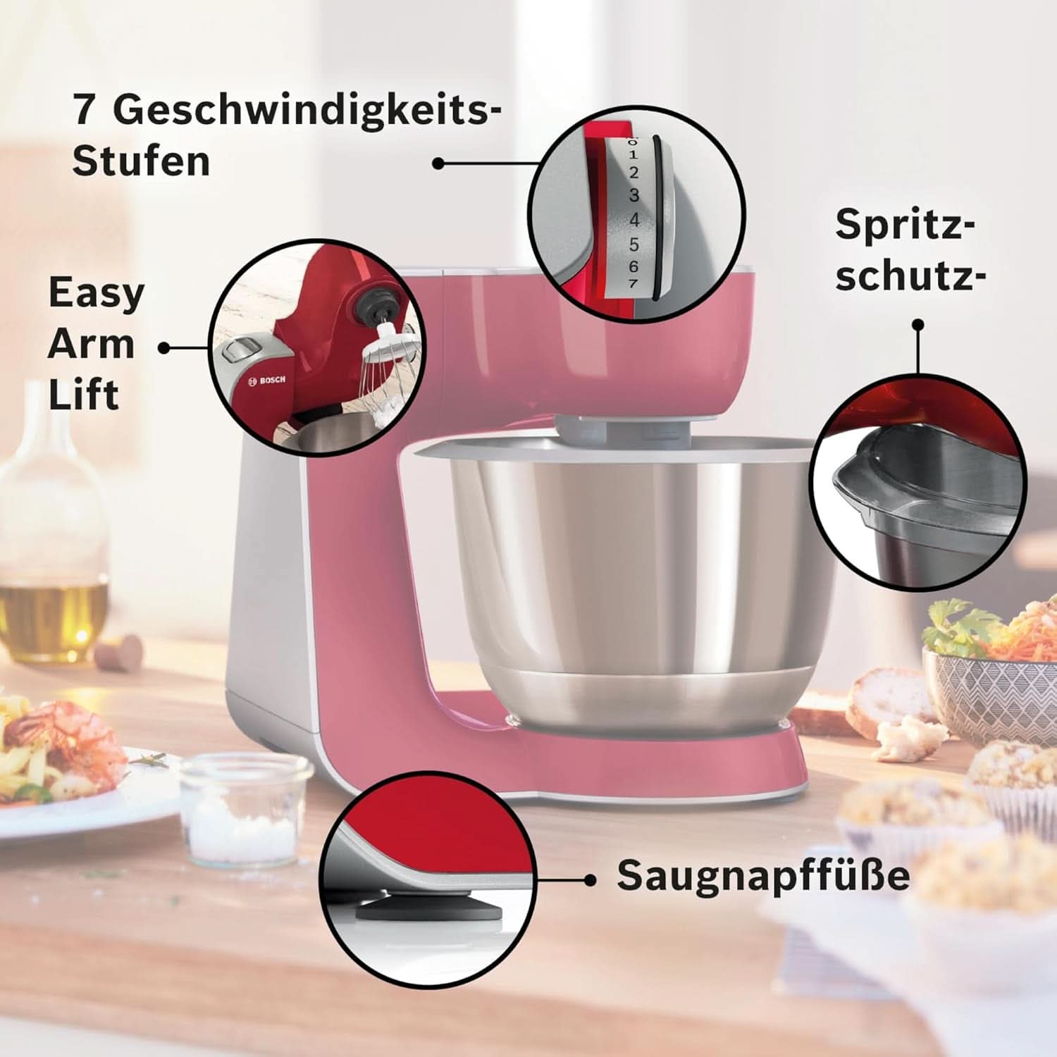 Bosch Küchenmaschine Serie 4 Mum58720, Edelstahl-Schüssel 3,9 L, Mixer 1,25 L, Planetenrührwerk, Knethaken, Schlag, Rührbesen, Durchlaufschnitzler, 3 Scheiben, 1000 W, Dunkelrot/Silber Mother and Child Naty Shop