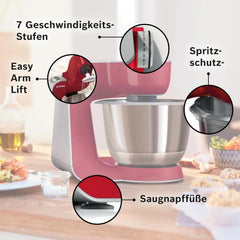 Bosch Küchenmaschine Serie 4 Mum58720, Edelstahl-Schüssel 3,9 L, Mixer 1,25 L, Planetenrührwerk, Knethaken, Schlag, Rührbesen, Durchlaufschnitzler, 3 Scheiben, 1000 W, Dunkelrot/Silber Mother and Child Naty Shop