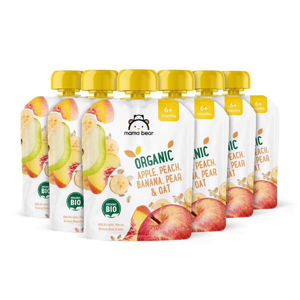 Mama Bear, purea biologica di diversi frutti, set 6 x 90 grammi Mamma e Bambino Naty Shop 6 x 90 grammi Mele, pesche, banane, pere e fiocchi d'avena