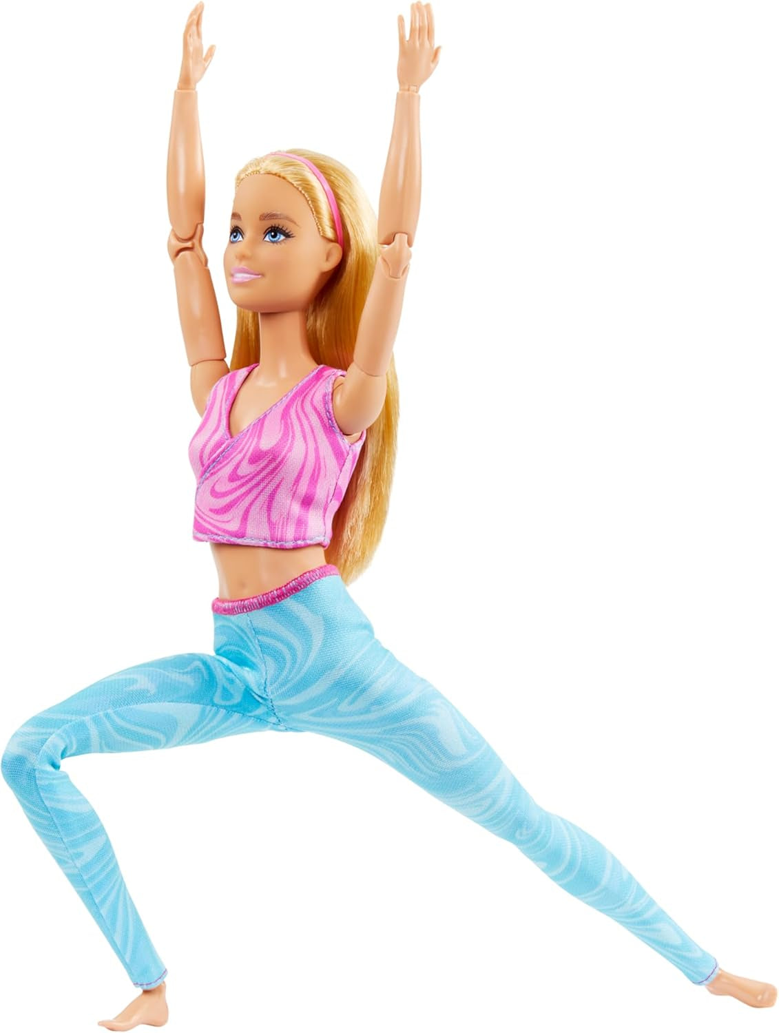 Barbie Made-to-Move-Modepuppe mit blondem Haar, abnehmbarem pinkfarbenen Sportoberteil und Blauer Yogahose, 22 bewegliche Gelenke, HRH27
