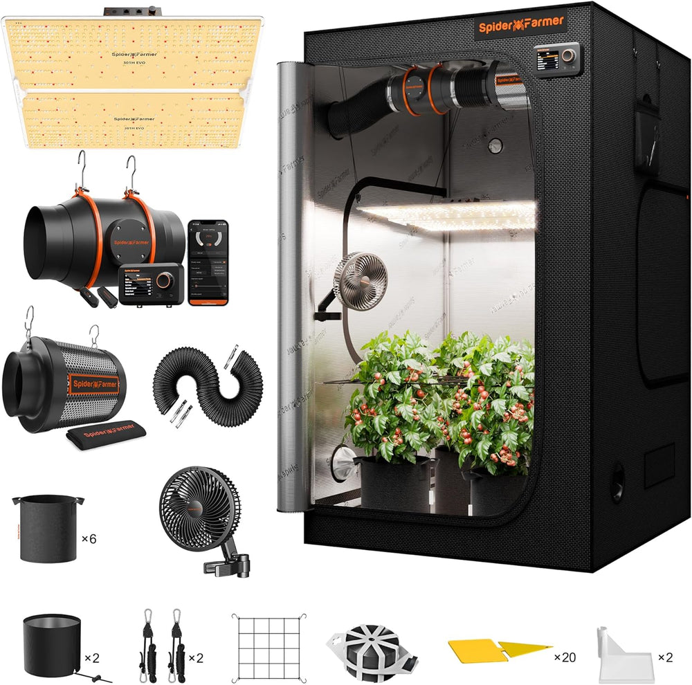 Lampada da coltivazione LED dimmerabile Spider Farmer SF1000 a spettro completo, diodo Samsung LM301H EVO, kit tenda da coltivazione completa 70x70x160 cm, set tenda da coltivazione idroponica, sistema di ventilazione