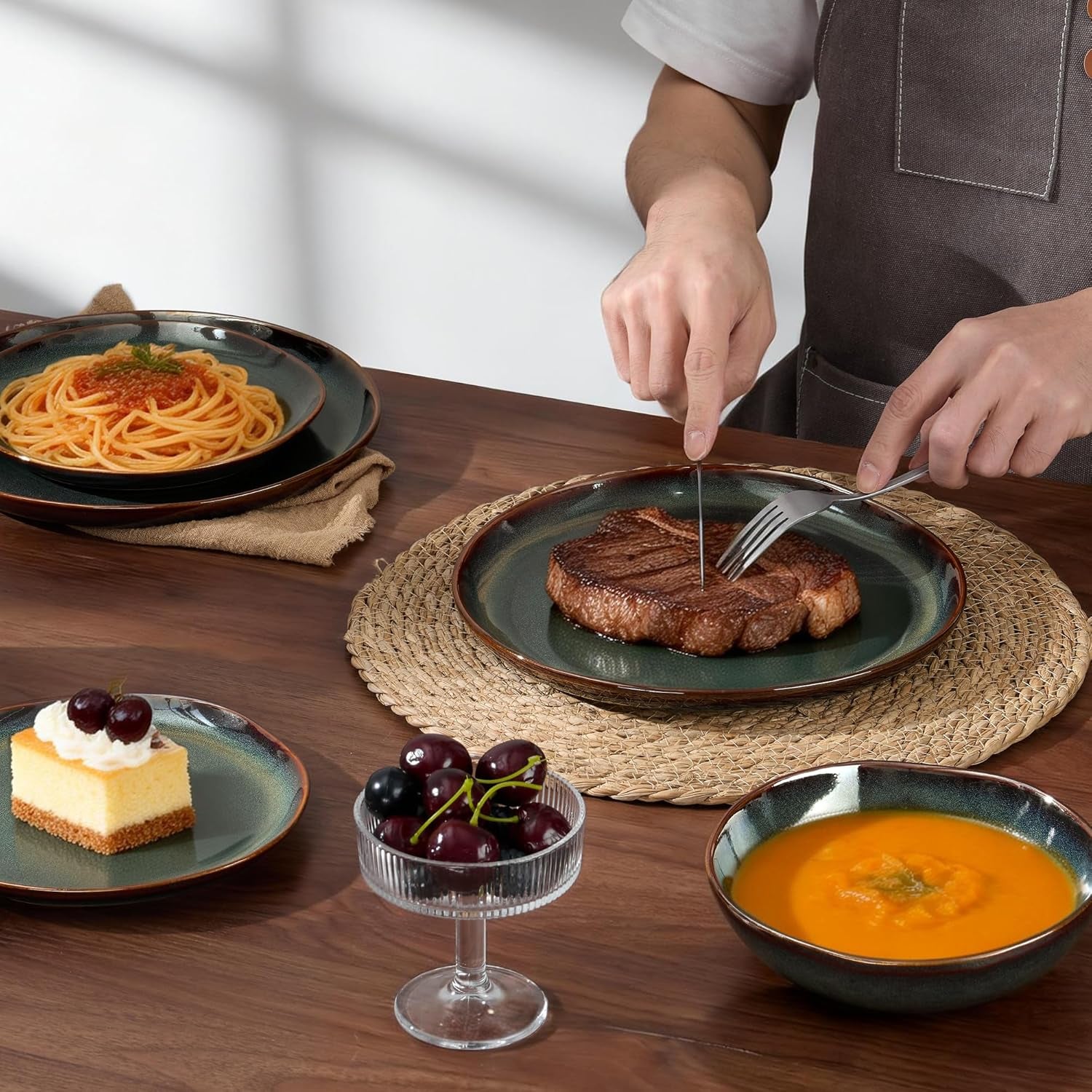 Set de veselă pentru 6 persoane, set de servire din gresie ceramică cu 24 de piese, set de veselă rotund neregulat cu farfurii, farfurii de desert, boluri pentru cereale, potrivit pentru cuptorul cu microunde și mașina de spălat vase, verde tundra reactiv