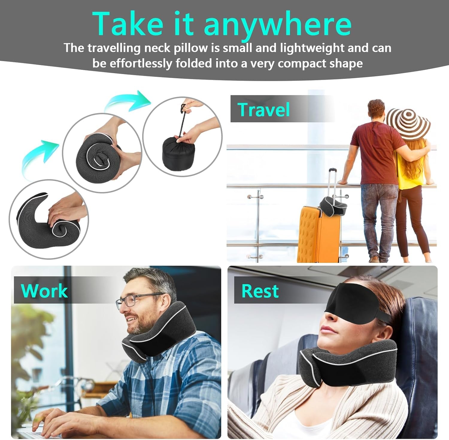 KILDOWS Pernă de gât pentru avion, pernă de călătorie din spumă cu memorie, pernă de călătorie pentru avion cu mască pentru ochi și dopuri pentru urechi, pernă ortopedică pentru gât, ideală pentru călătorii cu avionul, mașina, trenul Perne ortopedice cervicale Naty Shop