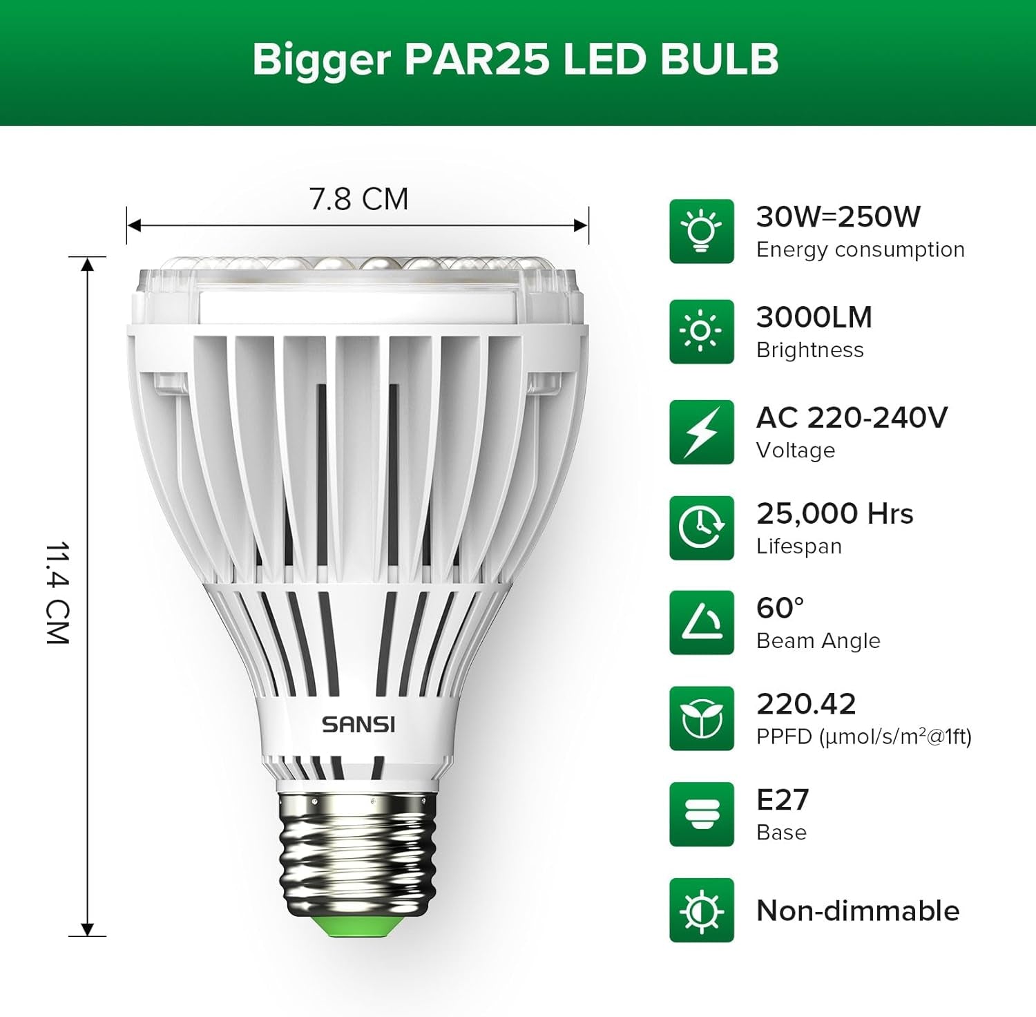 SANSI Lampada LED per Piante da Interno 30W a Spettro Completo 250W Equivalente ad Alta PPFD E27 Lampada per Coltivazione 4000K 660nm Angolo del Fascio di 60° Lampada per Piante Ortaggi Fiori Coltura Idroponica