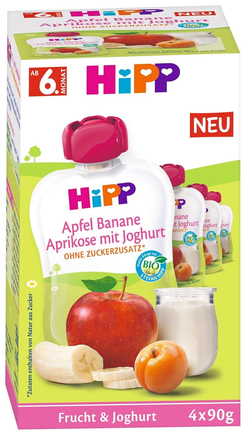 Hipp Frutta e Yogurt Biologici Mela Banana Albicocca con Yogurt 4 x 90 g, conf. da 4 (4 x 4 x 90 g) Mamma e Bambino Naty Shop