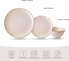 Set de veselă Tempus Series, Set de veselă pentru 6 persoane, Set de veselă din gresie, Set de farfurii cu 18 piese, Glazură reactivă, Potrivit pentru cuptorul cu microunde și mașina de spălat vase, Alb antic