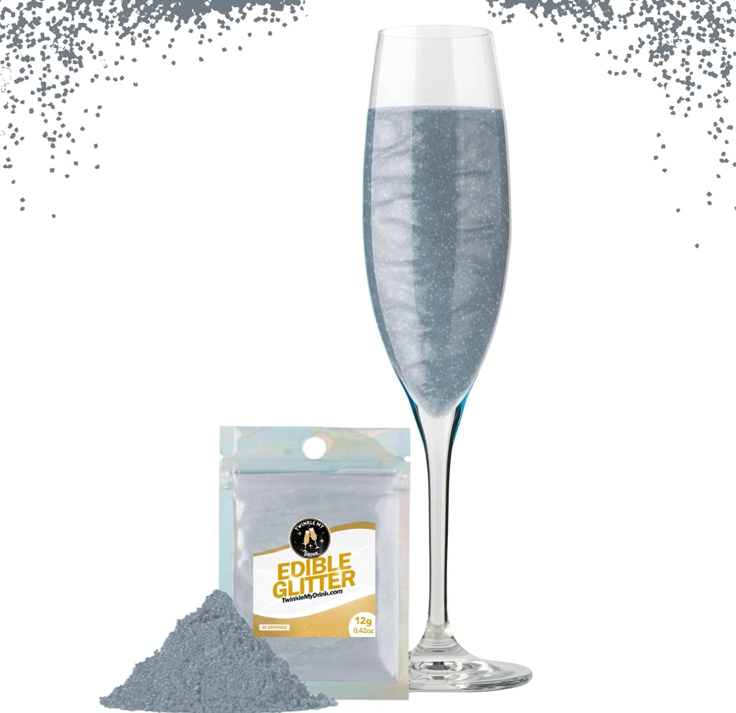 Twinkle My Drink® Glitter comestibil pentru băuturi, diverse culori, 12 grame Naty Shop Argintiu