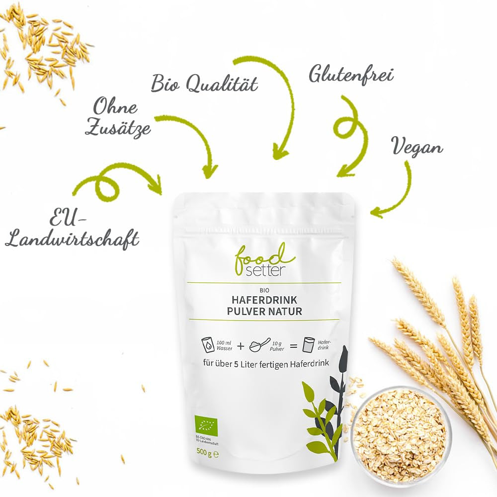 foodsetter Bio Haferdrink Pulver | Busta da 500 g | Haferpulver | Haferpulver istantaneo | Bio-Qualità | Vegano | Senza glutine | Ohne Zuckerzusatz | 0,5 chilogrammi
