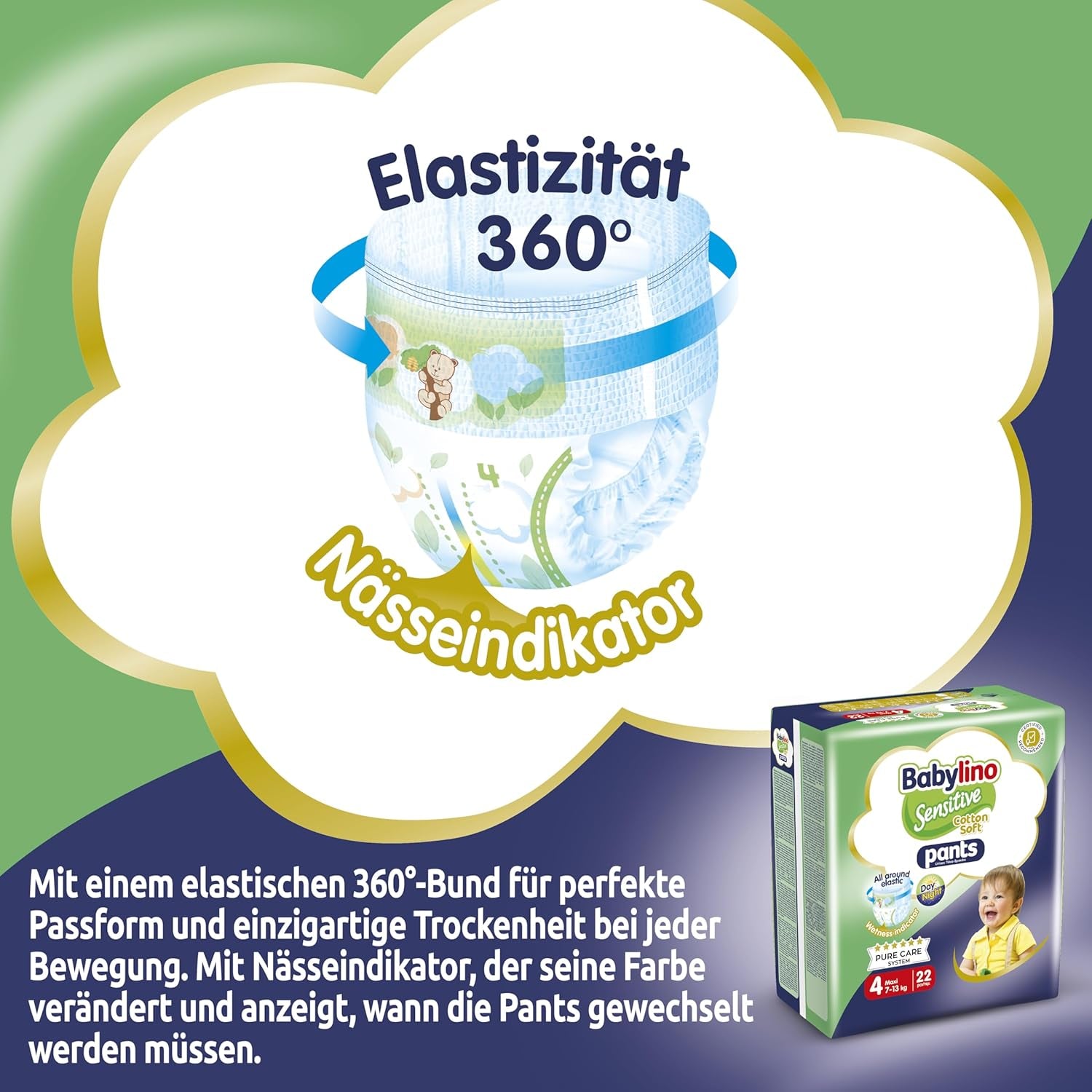 Pannolini Sensitive Cotton Soft, taglia 4, Pantaloni Maxi (7-13 kg), 22 pezzi