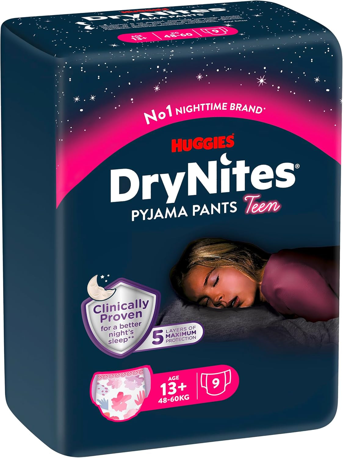 Huggies DryNites Pannolini per l'enuresi notturna per ragazze da 13 a circa 17 anni (48-60 kg) Confezione da 27 pannolini (3x9) mensili