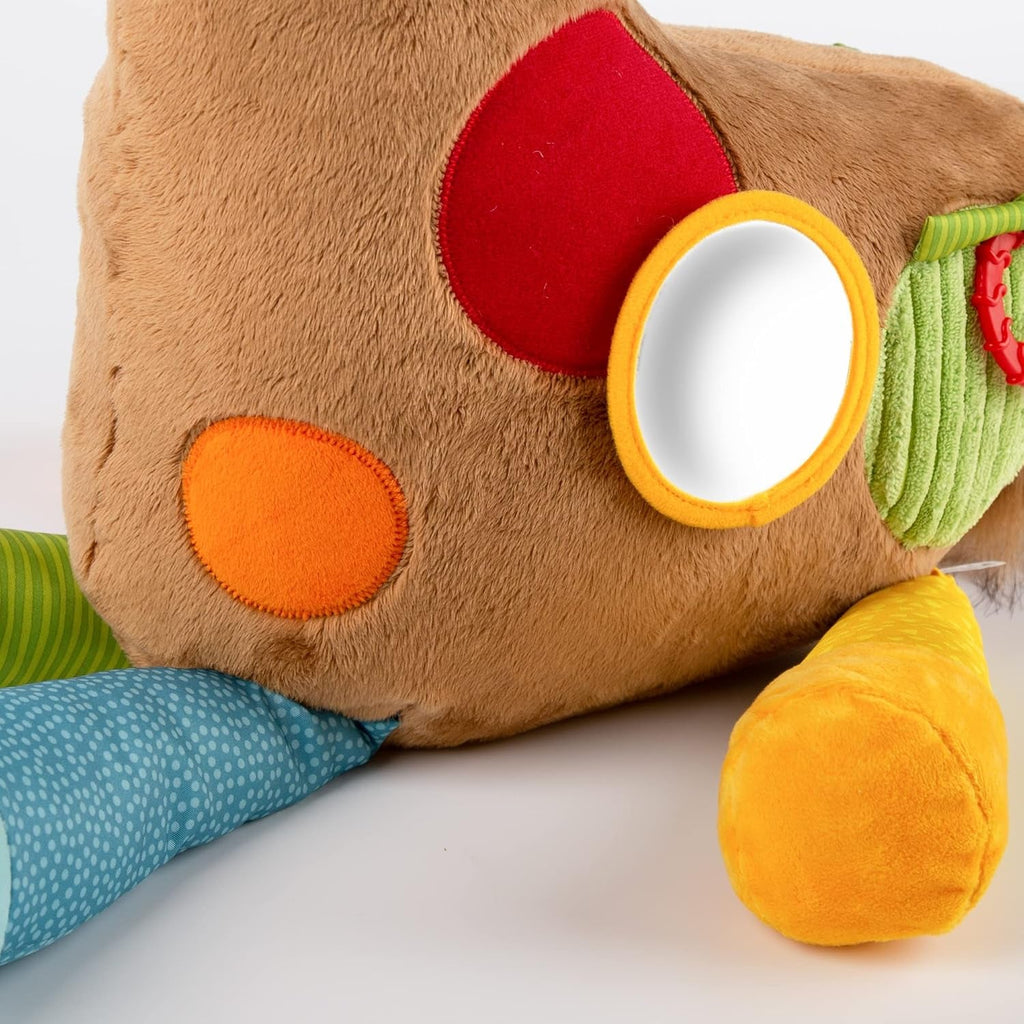 SIGIKID 42863 Jucărie pentru bebeluși girafă XXL, jucărie educativă PlayQ, jucărie de pluș cu inel de dentiție, zornăitor, oglindă, scârțâitor, pentru bebeluși și copii de la 3 luni, multicoloră/girafă 72 cm Jucarii Bebe Naty Shop