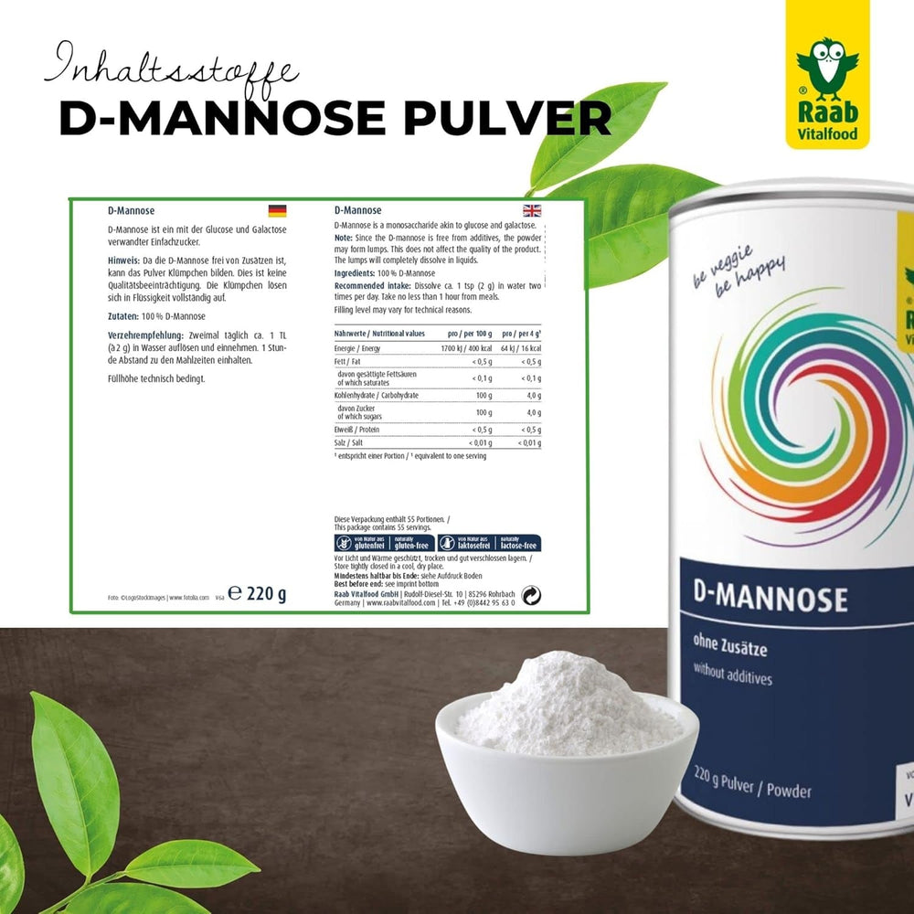 Raab Vitalfood® D-Mannosio in polvere (220 G) - Frei Von Zusätzen, Vegan, Glutenfrei, Gut Löslich, Mit Meßlöffel in Der Dose, Vorratspackung, 100% D-Mannosio (Gewonnen Aus Mais) Dolcificanti Naty Shop