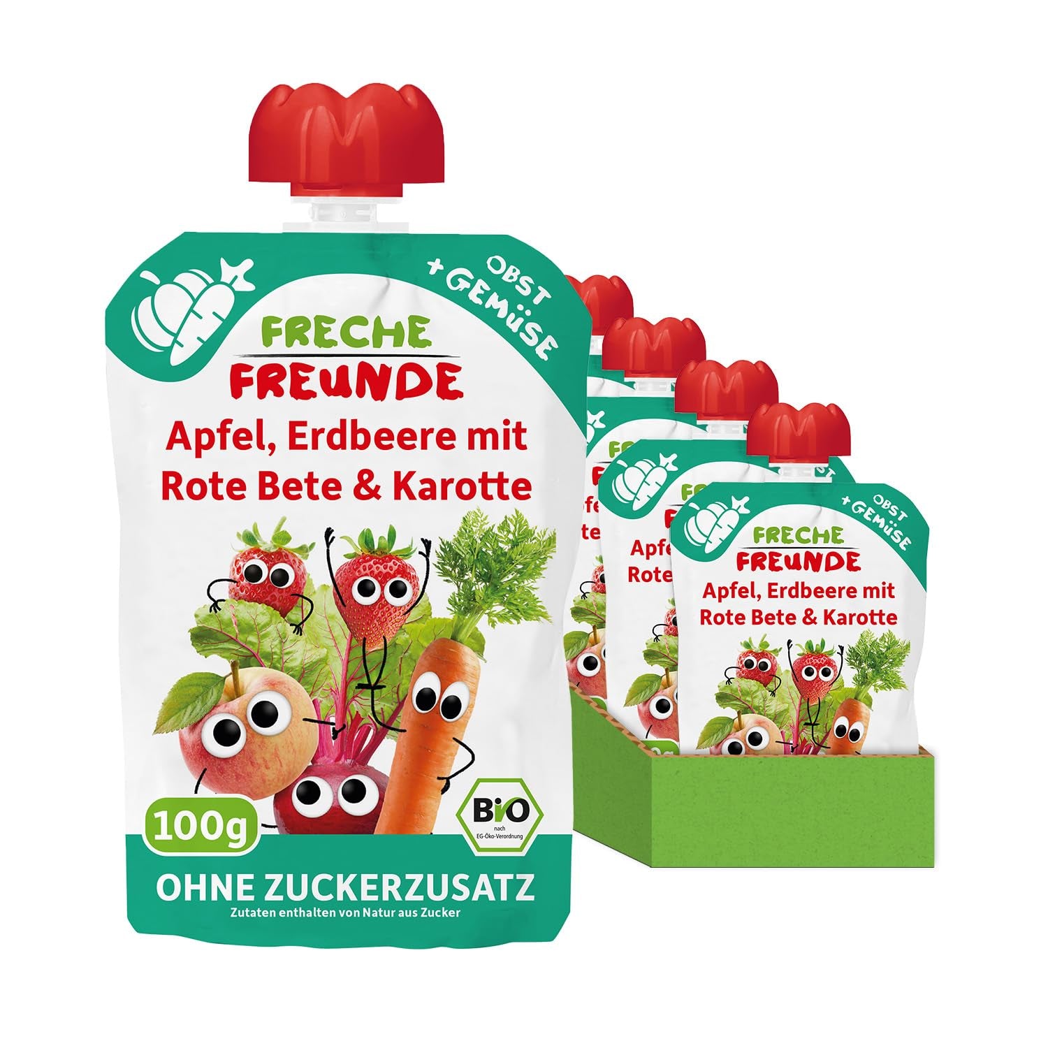 FRECHE FREUNDE sacchetto di frutta spremibile biologico con mele, fragole, barbabietola rossa e carota, purea di frutta e verdura in sacchetto spremibile per bambini a partire da 6 mesi, vegano, confezione da 6 (6 x 100 g)