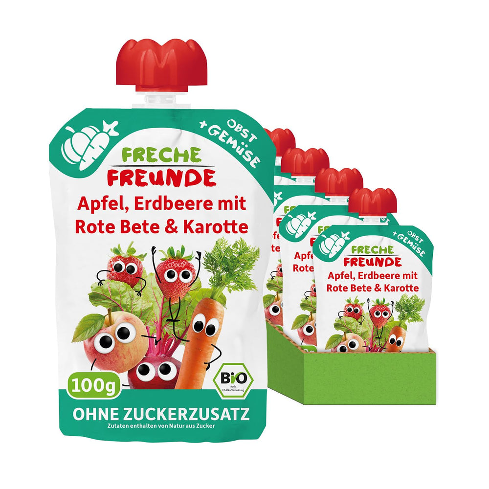 FRECHE FREUNDE sacchetto di frutta spremibile biologico con mele, fragole, barbabietola rossa e carota, purea di frutta e verdura in sacchetto spremibile per bambini a partire da 6 mesi, vegano, confezione da 6 (6 x 100 g)