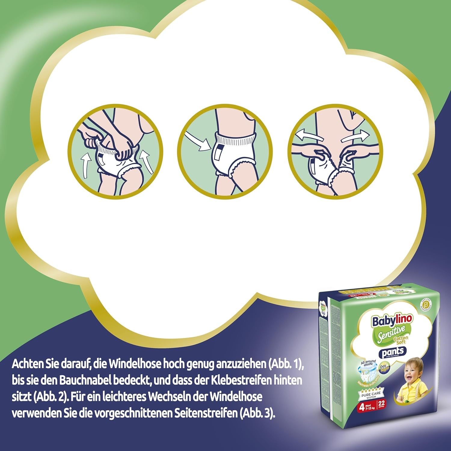 Pannolini Sensitive Cotton Soft, taglia 4, Pantaloni Maxi (7-13 kg), 22 pezzi