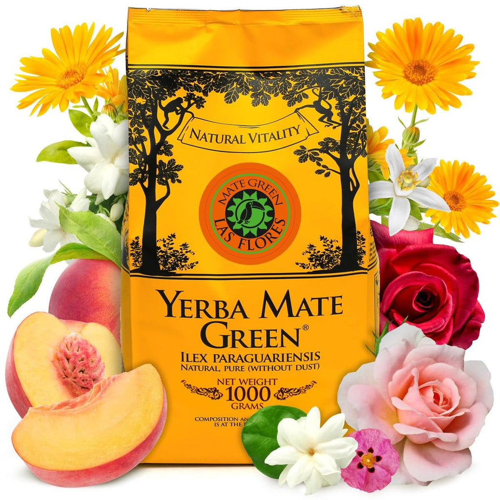 Yerba  LAS FLORES 1 kg ● Ceai Yerba Mate cu piersici braziliene ● Iasomie ● Ceai Mate din frunze de mate ● Arome naturale ● Ceai Yebra Mate cu guarana 50 g ● Ceai Yerba Mate cu frunze întregi 1050 g ● Vegan