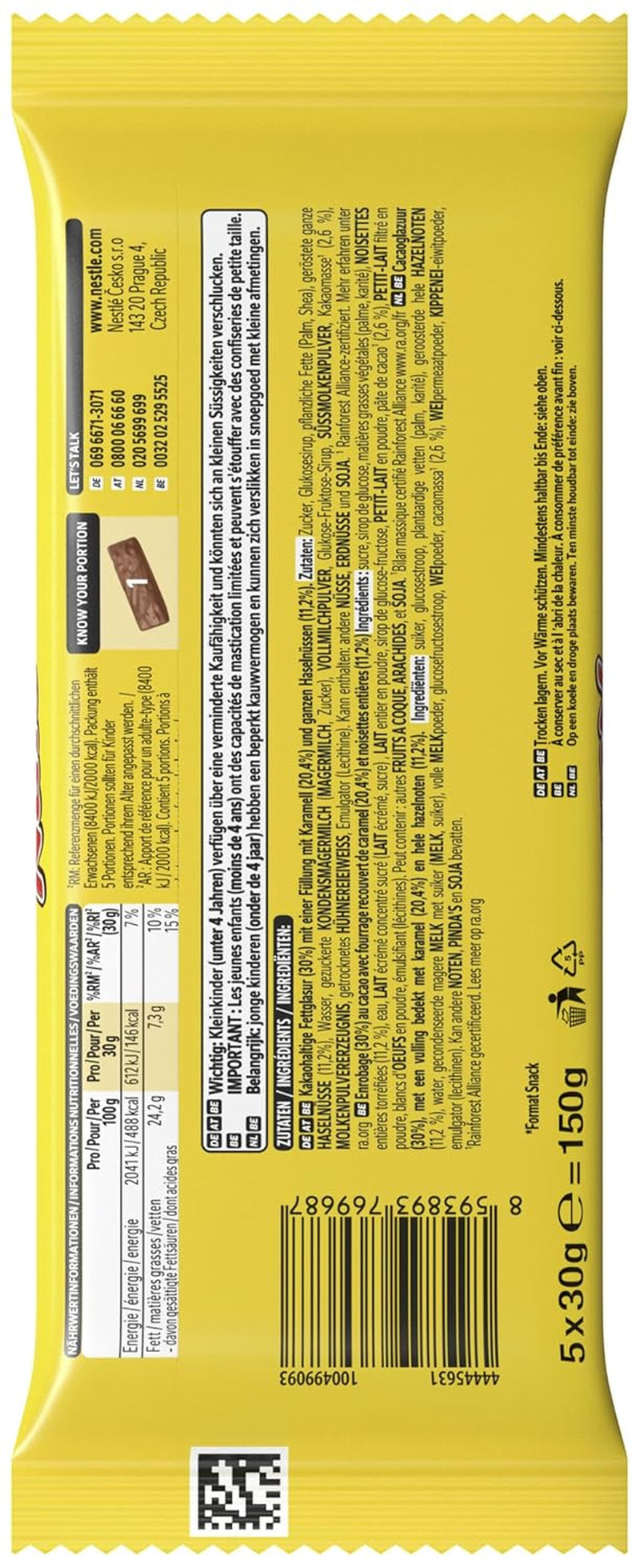 Nestlé NUTS, barrette di cioccolato alle nocciole con ripieno di caramello, nocciole intere e deliziosa crema caramellata, ricoperte di cioccolato al latte, 1 confezione (5 x 30 g)
