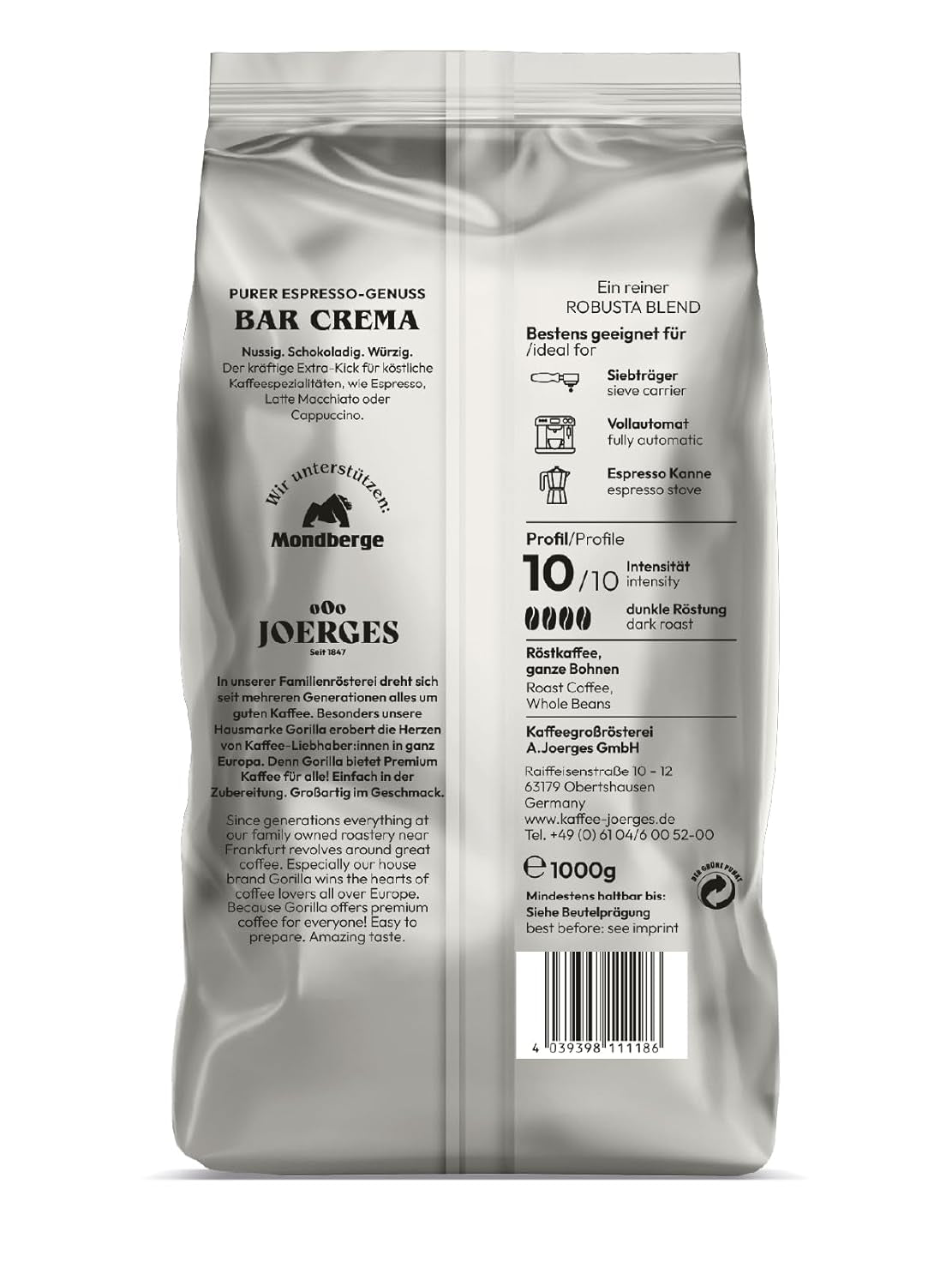 Joerges Kaffee ganze Bohnen Espresso  Bar Crema, 1 kg (Packung mit 2)