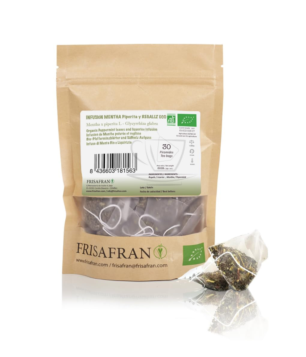 FRISAFRAN | Ceai verde organic Mint Gunpowder în piramide 30 unități | 60G | Antioxidant | Ceai verde japonez | Digestiv | Băutură răcoritoare | Infuzie de mentă | Ceai pur | Frunze de mentă | Cald-rece