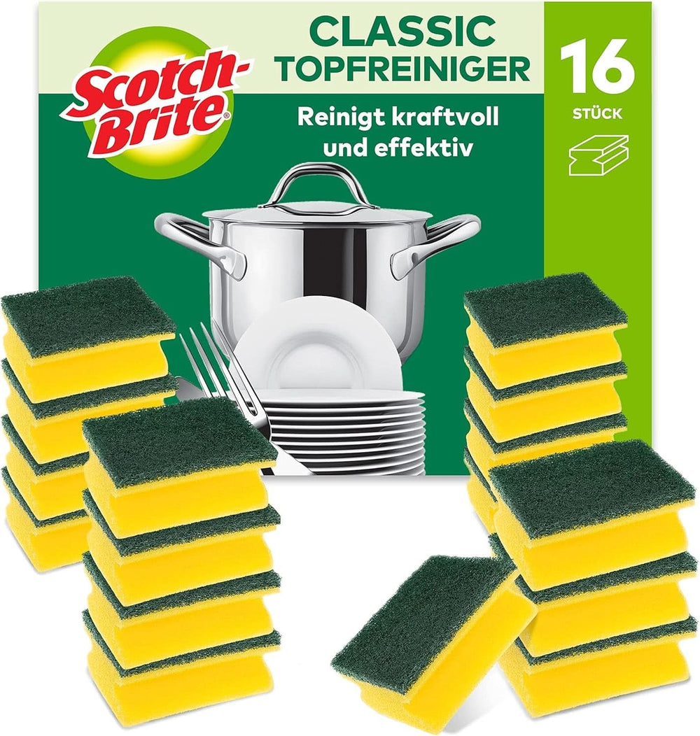 Scotch-Brite Classic Pot Cleaner, 16 spugne per confezione, spugna da cucina - pulisce in modo potente ed efficace Detersivi da cucina Naty Shop Green - Classico Protegge le unghie