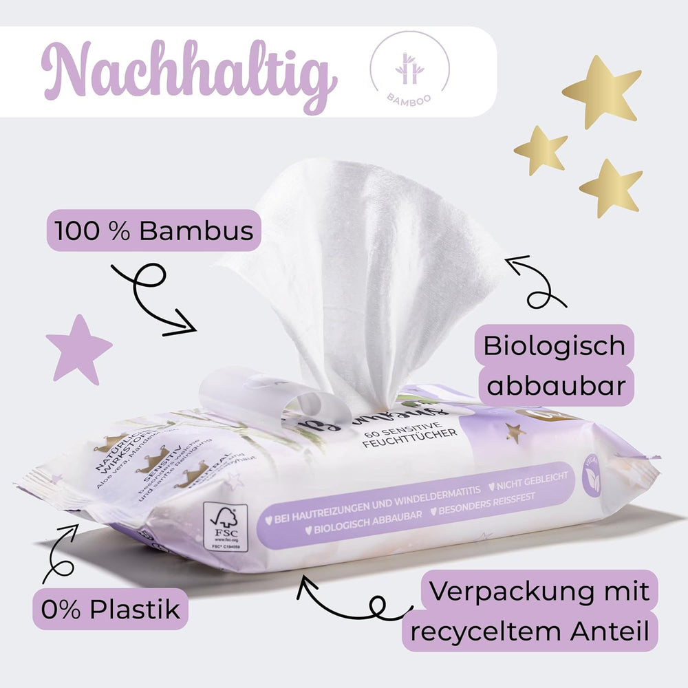 Salviettine umidificate Millis Bamboo Baby Sensitive per la pelle delicata del bambino - 5 x 60 pezzi - Pulizia naturale, delicata e sostenibile - Salviette biodegradabili per neonati, senza plastica e senza alcool