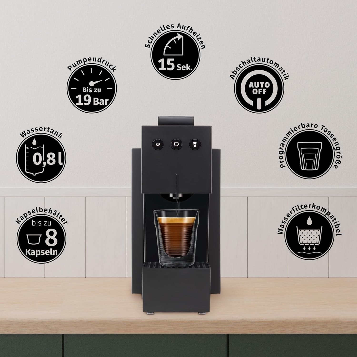 Espressor cu capsule K-FEE SQUARE pentru cafea, ceai și cacao | Espressor compact | Încălzire rapidă | Rezervor de apă de 0,8 l | 19 bar | Negru piano