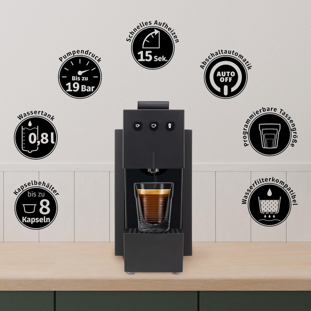 Espressor cu capsule K-FEE SQUARE pentru cafea, ceai și cacao | Espressor compact | Încălzire rapidă | Rezervor de apă de 0,8 l | 19 bar | Negru piano