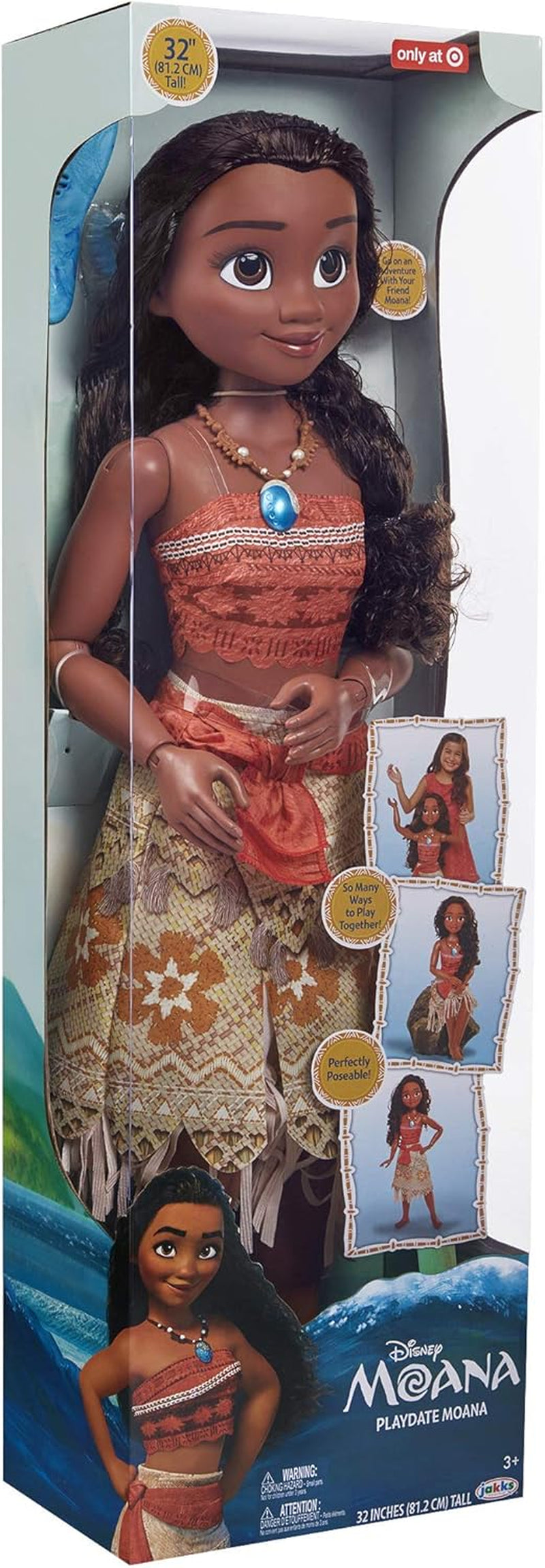 Disney Princess Vaiana, 80 cm große Spielpuppe von Jakks Pacific, bewegliche Puppe, mit Bürste zum Kämmen ihrer welligen Locken, vom Film inspiriertes Kleid, abnehmbare Halskette mit Anhänger