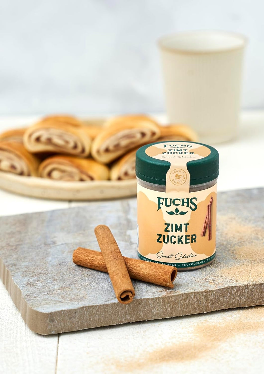 Fuchs Gewürze - Zimt Zucker - Klassiches Gewürz für Milchreis, Pfannkuchen oder Wafeln - aus natürliche Ingredient - 100 g in wiederverwendbarer, recyclebarer Dose