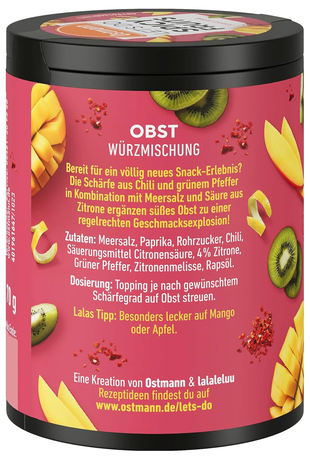 Ostmann Gewürze - Facciamo frutta piccante | Würzmischung für süßes Obst creato da Lalaleluu | scharfes Obst-Topping con peperoncino e peperoncino, leccati su mela o mango | 70 g in barra riciclabile Metalldose