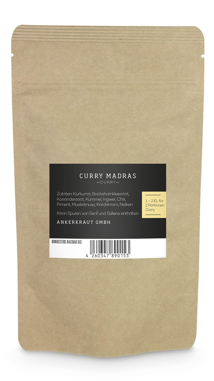 Ankerkraut Curry Madras, polvere di curry fresca e fruttuosa passata con carne, pesce e gemme, con peperoncino, leggera farina, 130g in bevanda aromatizzata