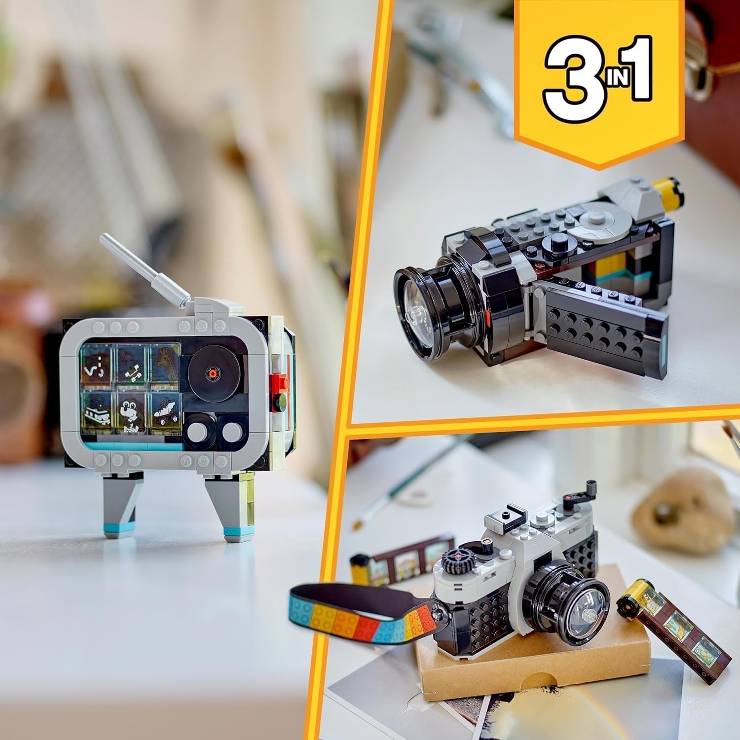LEGO Creator 3In1 Fotocamera retrò, videocamera, set TV, decorazioni per la scrivania dei bambini o accessori per la camera da letto, regali fotografici per ragazze e ragazzi di 8 anni 31147 Set da costruzione Besuche den LEGO-Store