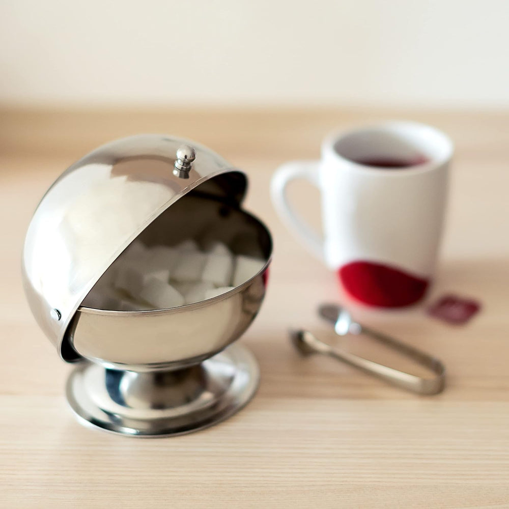 Zahărniță Relaxdays SWEETY din oțel inoxidabil, 14 x 13 x 13 cm (Î x L x A), bilă de zahăr cu capac rulant, bombonieră rotundă, argintie