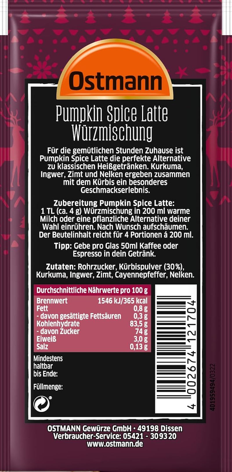 Ostmann Gewürze – Pumpkin Spice Latte Würzmischung, zum Einrühren in Milk mit Kaffee oder Espresso, mit Kürbispulver, 16 g im Beutel (Verpackungsdesign kann abweichen)