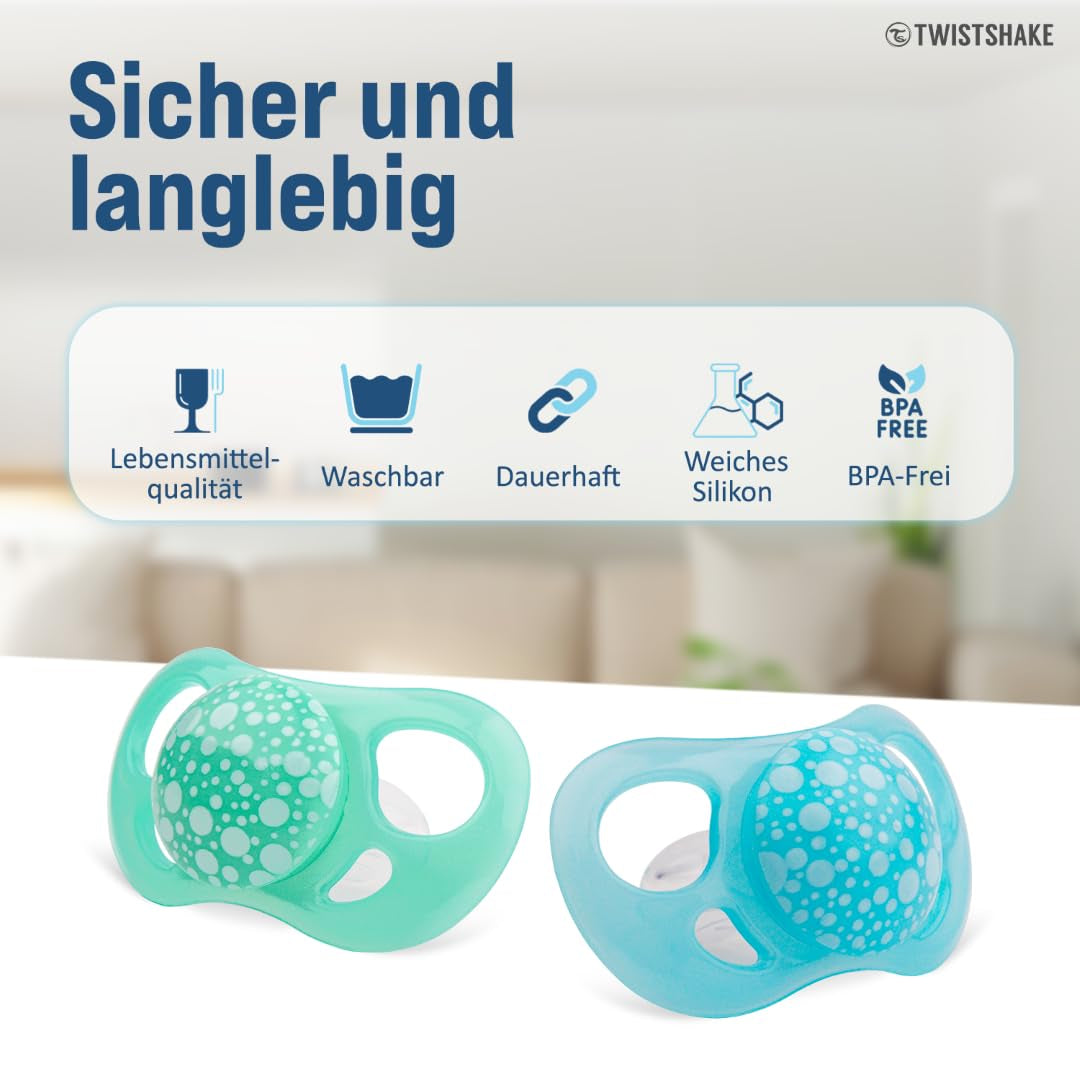 Suzete Twistshake pentru bebeluși – Pachet de 2 | Formă ortodontică | Ultra-ușoare | Tetină din silicon moale | Fără BPA | Potrivite pentru bebeluși de la 6 luni | Albastru Verde