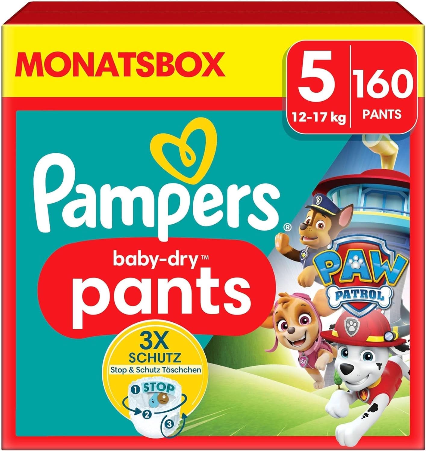 Pannolini Pampers Paw Patrol Pants taglia 5 (12-17Kg) Baby-Dry, Junior con tasca Stop e Protect, BOX MENSILE, 160 pannolini Naty Shop 5 (160 pezzi) Novità