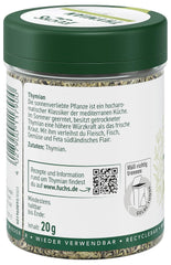 Fuchs Gewürze - Thyme gerebelt - Mediterranean Kräuternote für Feta, Gemüse und Fleischgerichte - ingredienti naturali - 20 g in wiederverwendbarer, recyclebarer Dose