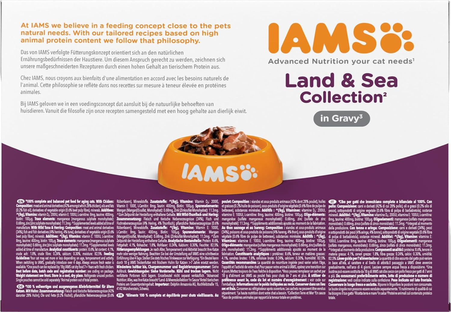 IAMS Delights Hrană umedă pentru pisici senior - Pachet multiplu cu pui și pește în sos, hrană umedă de înaltă calitate pentru pisici mai în vârstă de la 7 ani, 12 x 85 g