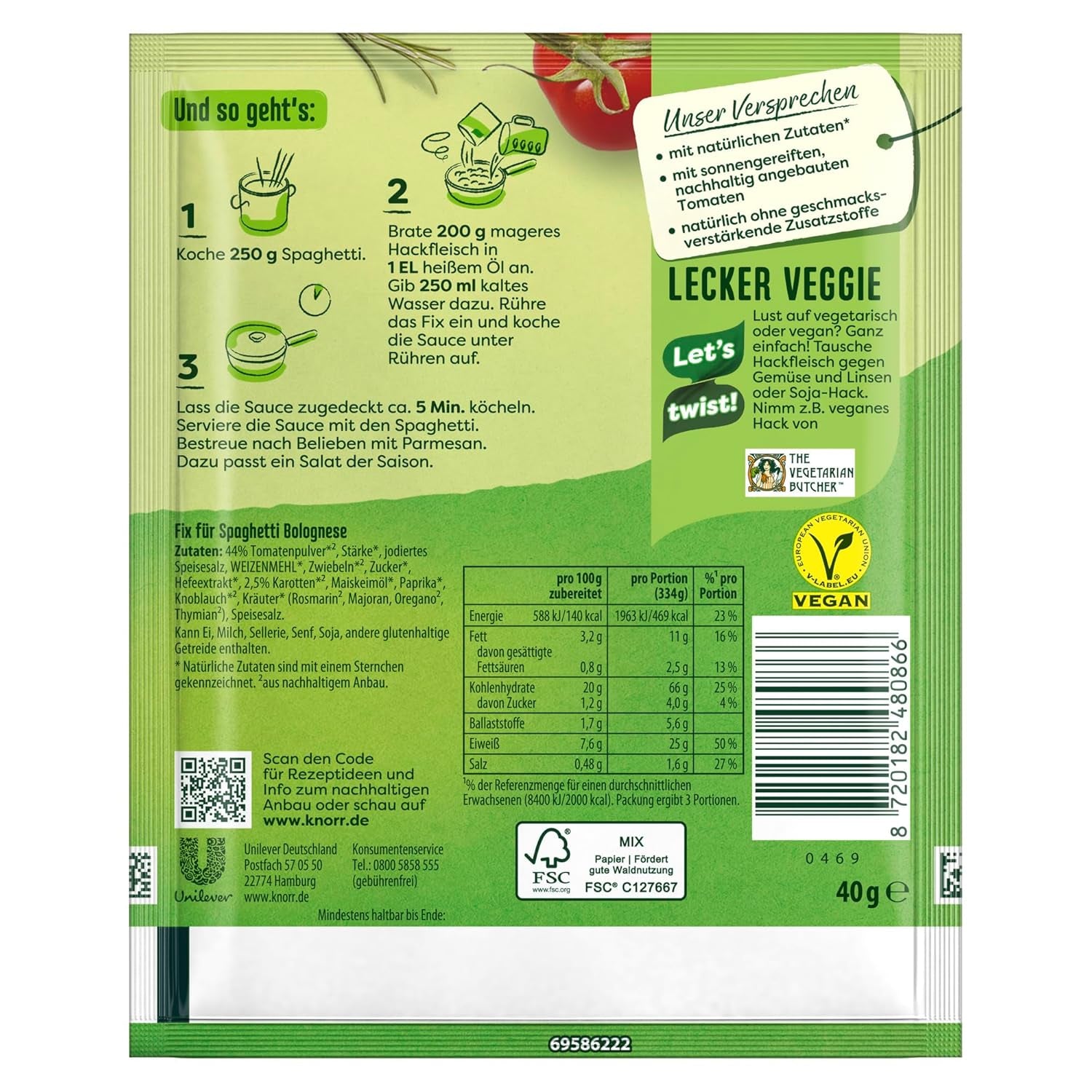 Knorr Fix Würzmischung Spaghetti alla Bolognese per un delizioso piatto di pasta con ingredienti naturali 40 g