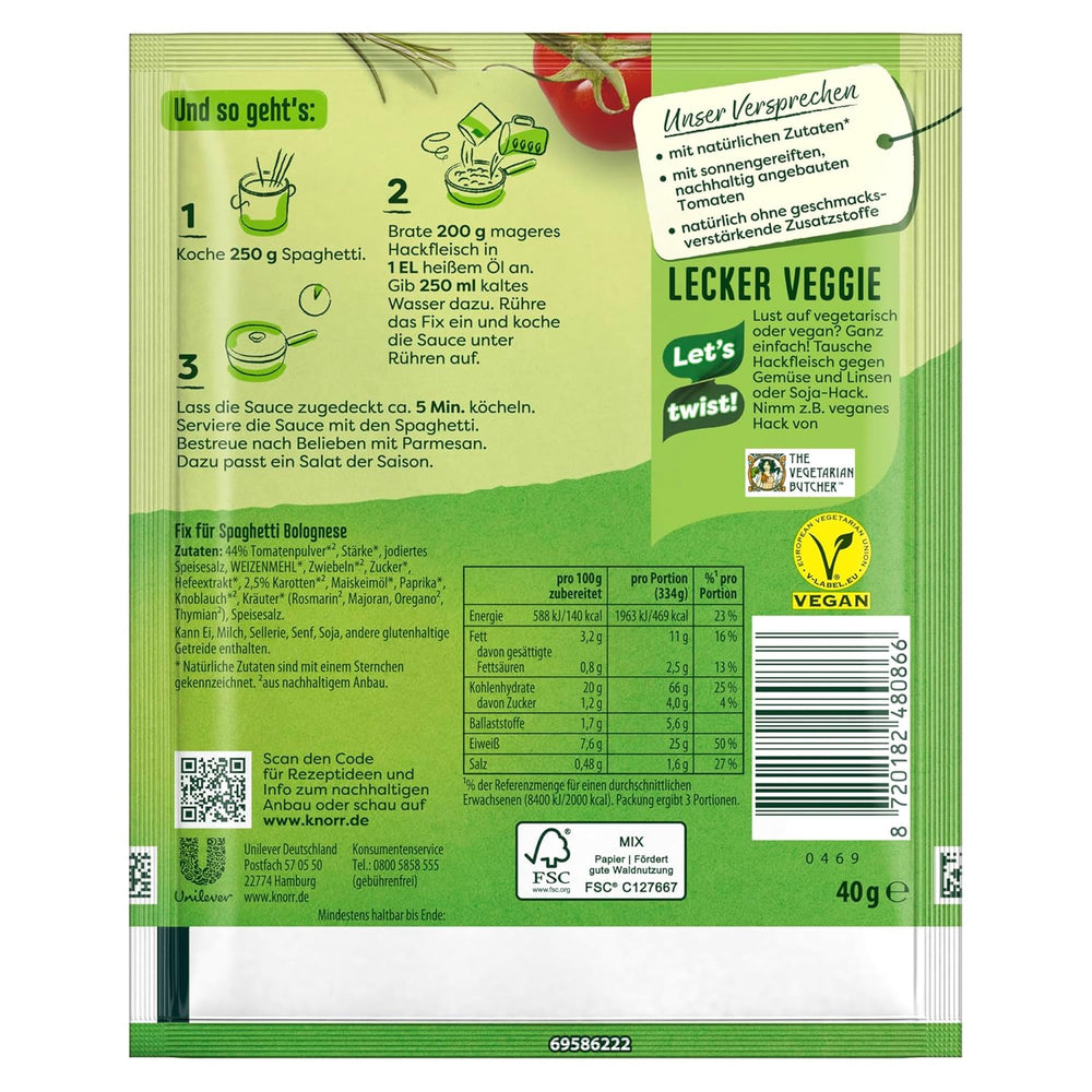 Knorr Fix Würzmischung Spaghetti alla Bolognese per un delizioso piatto di pasta con ingredienti naturali 40 g