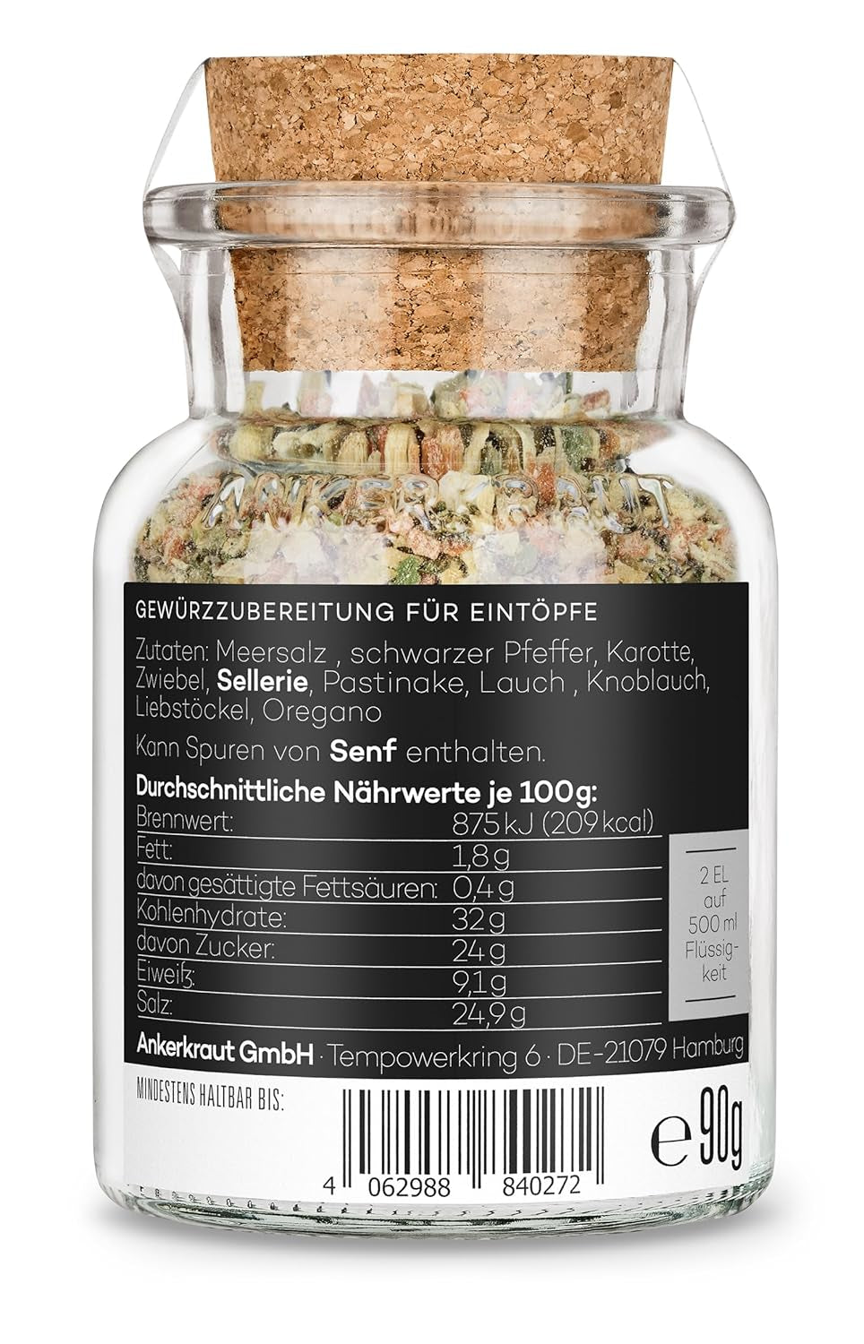 Ankerkraut Eintopf, Linsen, Beans and Gemüse, Gewürz-Mischung, Vielfalt für jeden Gesmack, ohne Gesmackverstärker, lecker schmecker, 90 g in vetro di sughero