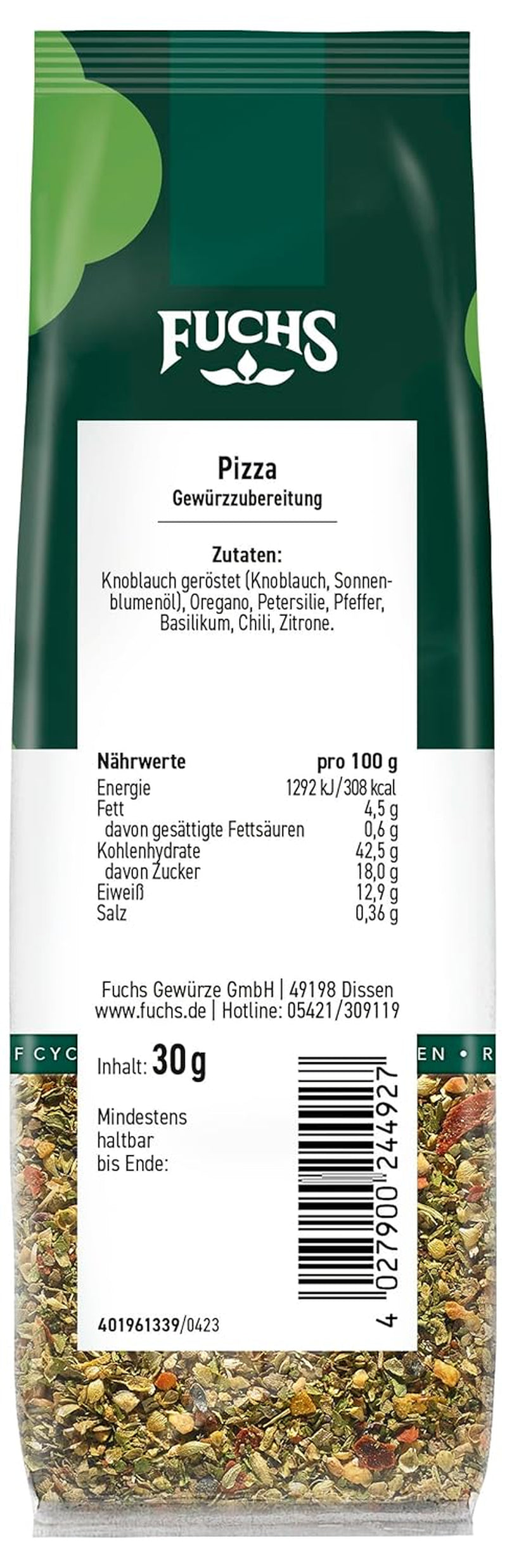 Fuchs Gewürze - Pizza Gewürzzubereitung in riciclabile Nachfüllbeutel, Gewürzmischung mit Italianen Kräutern, ideale per bruschette - 30 g