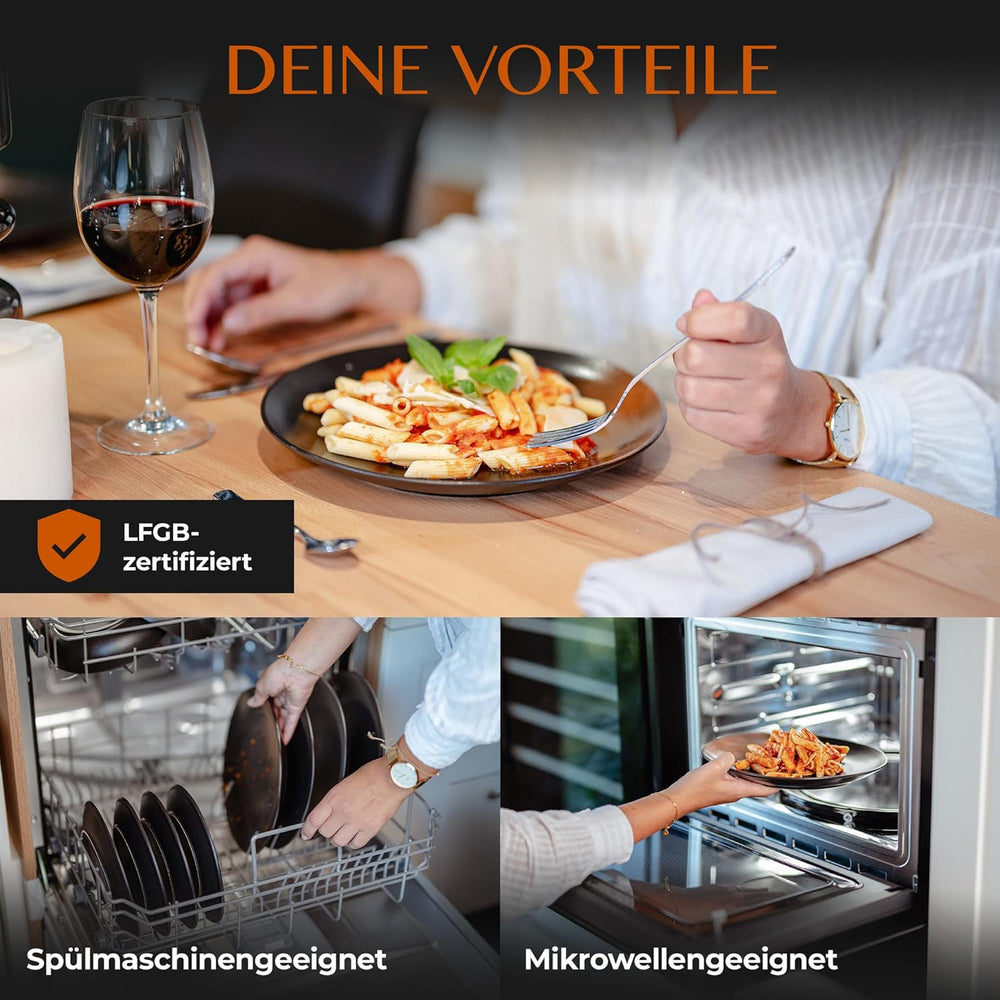 Set de veselă din gresie, format din 12 piese – Prairie Line – design elegant în tonuri de maro/negru, set format din 4 farfurii de cină, 4 farfurii de desert și 4 farfurii de sumă/Colecția Premium