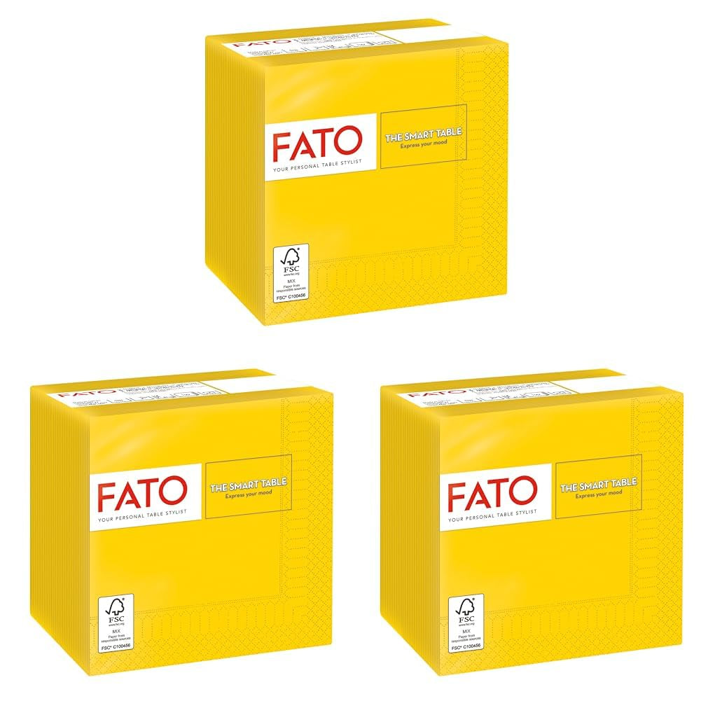 , Șervețele de hârtie de unică folosință, ideale pentru aperitive și cocktailuri, pachet de 100 de șervețele, dimensiune 24X24, 4 straturi, 2 straturi, culoare galbenă, 100% hârtie din celuloză pură, certificate Fsc (pachet de 3)