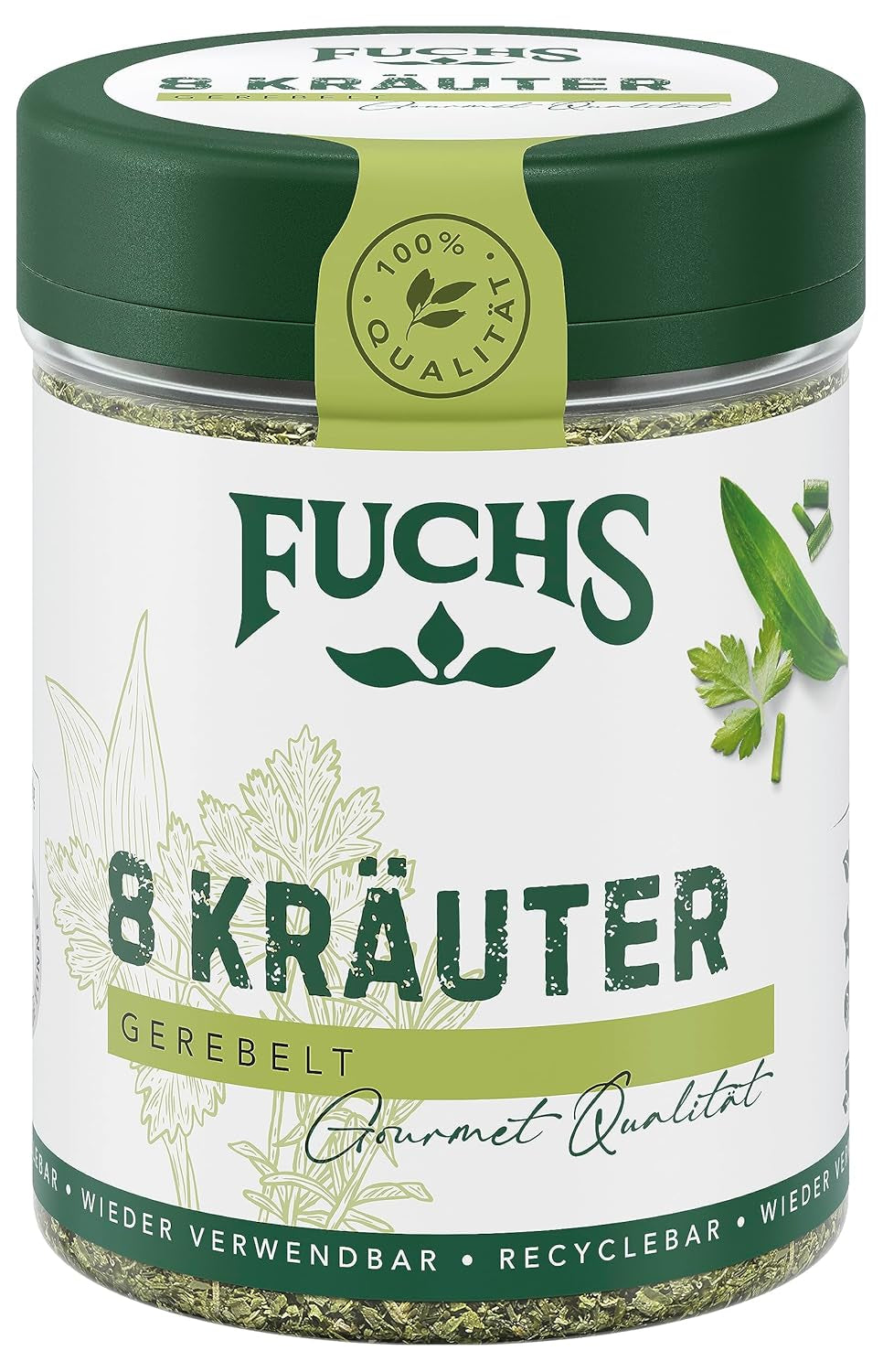Fuchs Gewürze - 8 Kräuter gerebelt - Kräutermischung für Marinaden, Fischgerichte oder Kräuter-Frischkäse - ingredienti naturali - 25 g in wiederverwendbarer, recyclebarer Dose