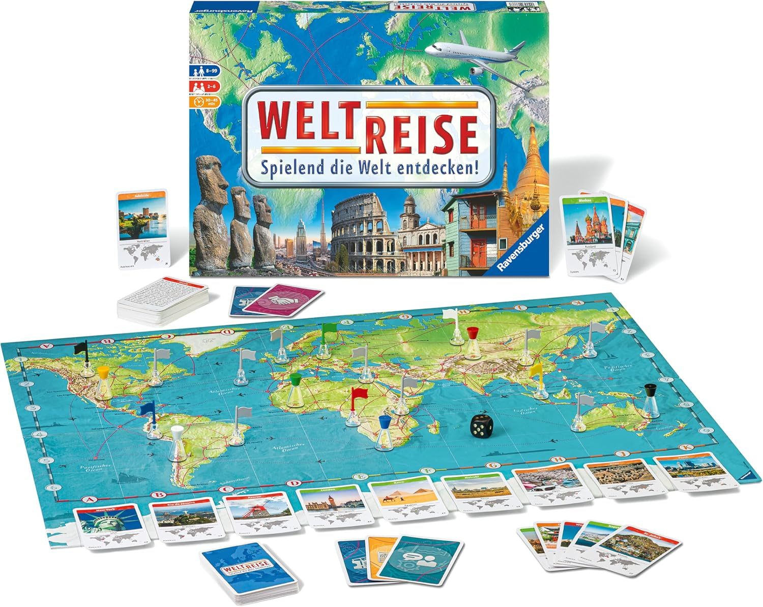 Ravensburger Family Game 26888 - World Tour - Clasic pentru familii, de la 8 ani în sus - Joc de petrecere, călătorii în jurul lumii, joc de societate pentru până la 6 jucători - peste 170 de orașe